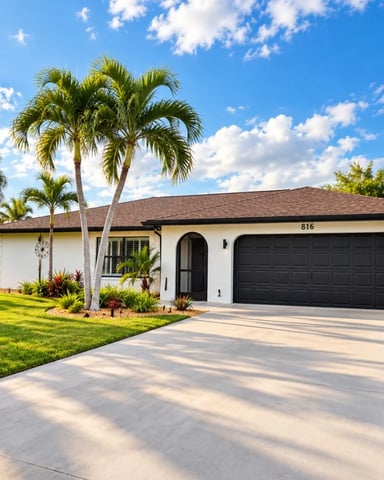 Blue single-story home with metal roof, palm trees, brick driveway, and manicured lawn under clear sky